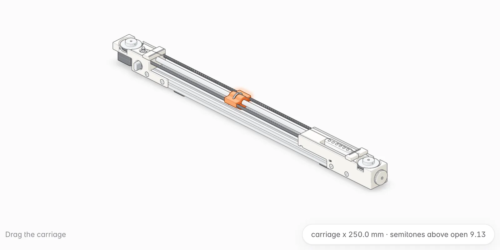 The whole rod module in a three-quarter view: the beam, the head block with its motor at the left, the orange carriage on the rod in the middle, the tail block with the pickup and tension knob at the right. Dragging the carriage moves the fret ring along the string; the readout gives its position and the semitones above the open string.