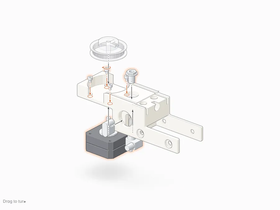 The head block on the bench: the tuner comes up from below, its button in from the side, washer and bushing down from the top; the motor comes up from below and four short screws go down through the pulley well into its face; the pulley, drawn see-through, goes on last.