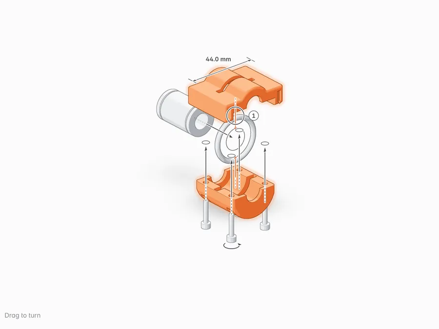 The carriage apart: the bushing comes in along the rod axis through the ring, the keel from below, the body from above, four screws from below; the body is 44.0 mm wide; ring 1 marks the ring's slot.
