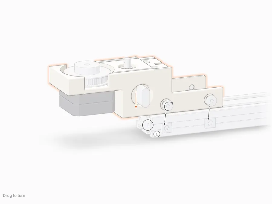 The head block comes down over the beam end; ring 1 marks the hook leg on the beam's cut face; flat round head screws go into the cheeks from the side.