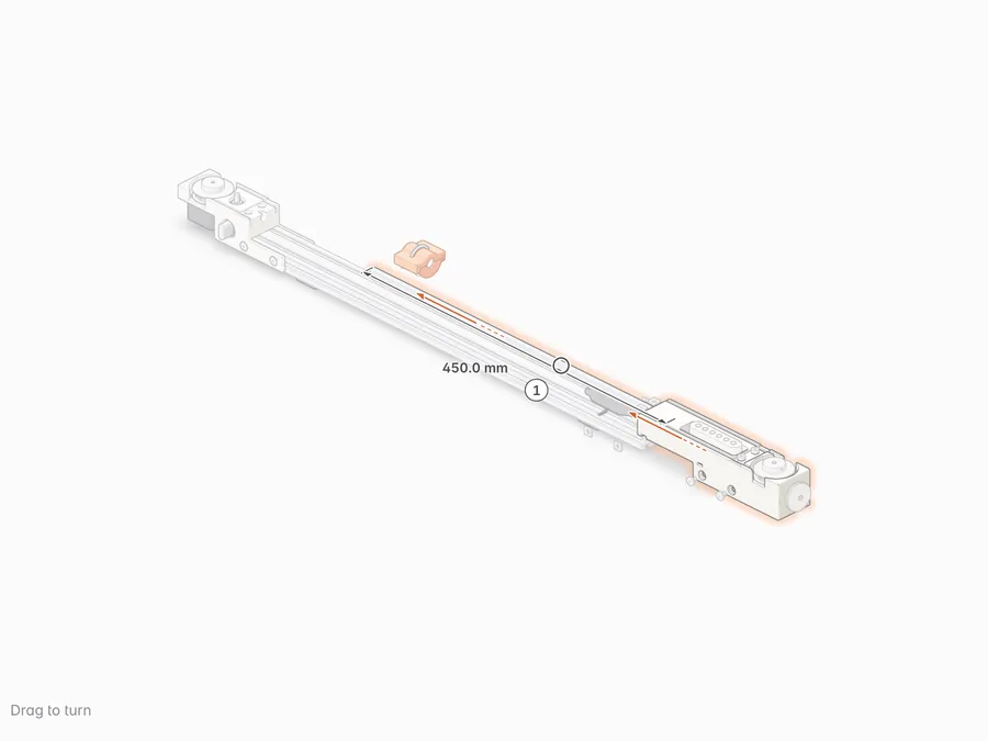 The 450.0 mm rod slides through the carriage into the head socket; the tail block slides on along the beam until its socket floor meets the rod end, marked 1.